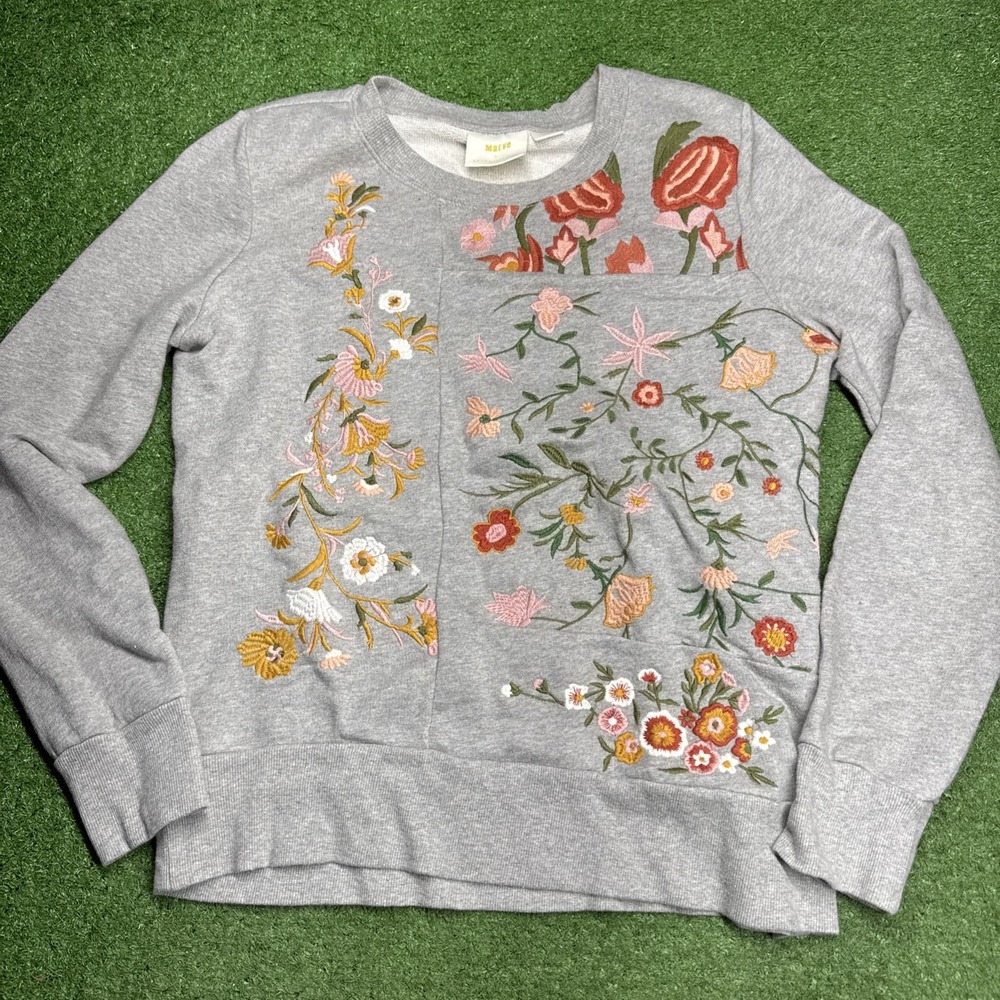 Maeve Anthropologie Floralinde Rose Sweater Small‎ Grey Cozy Floral Embroider